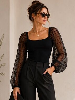 Attard State Black Ribbed Bodysuit Sheer Swiss Dot Puff Sleeves Size S
